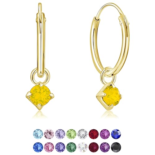 DTPsilver® KLEINE Creolen Ohrringe 925 Sterling Silber Gelb Vergoldet mit 3 mm Baumelnde Swarovski® Elements Kristall - Mädchen - Dicke 1.5 mm - Durchmesser 14 mm - Farbe : Gelber Opal von DTPsilver