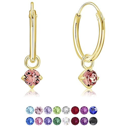 DTPsilver® KLEINE Creolen Ohrringe 925 Sterling Silber Gelb Vergoldet mit 3 mm Baumelnde Swarovski® Elements Kristall - Mädchen - Dicke 1.5 mm - Durchmesser 14 mm - Farbe : Licht Stieg von DTPsilver