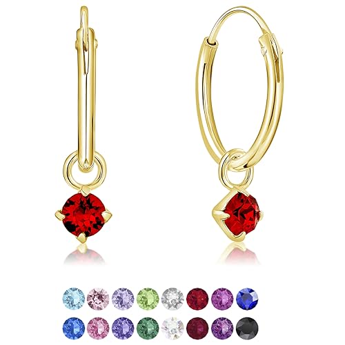 DTPsilver® KLEINE Creolen Ohrringe 925 Sterling Silber Gelb Vergoldet mit 3 mm Baumelnde Swarovski® Elements Kristall - Mädchen - Dicke 1.5 mm - Durchmesser 14 mm - Farbe : Light Siam Rot von DTPsilver