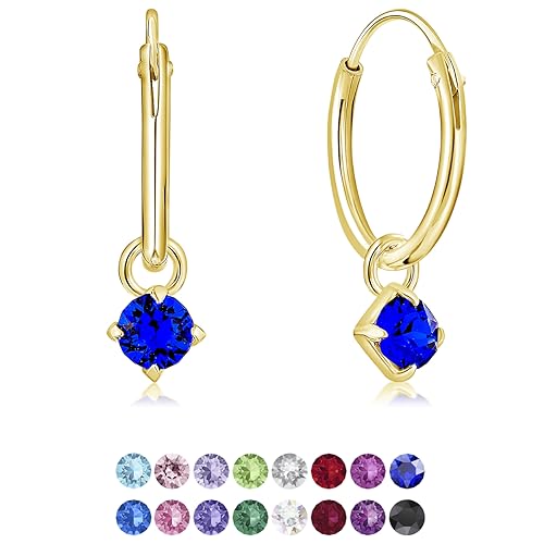 DTPsilver® KLEINE Creolen Ohrringe 925 Sterling Silber Gelb Vergoldet mit 3 mm Baumelnde Swarovski® Elements Kristall - Mädchen - Dicke 1.5 mm - Durchmesser 14 mm - Farbe : Majestätisches Blau von DTPsilver