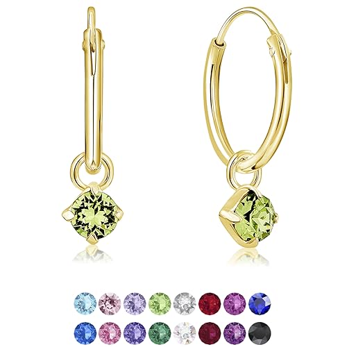DTPsilver® KLEINE Creolen Ohrringe 925 Sterling Silber Gelb Vergoldet mit 3 mm Baumelnde Swarovski® Elements Kristall - Mädchen - Dicke 1.5 mm - Durchmesser 14 mm - Farbe : Peridot von DTPsilver