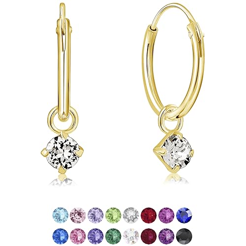 DTPsilver® KLEINE Creolen Ohrringe 925 Sterling Silber Gelb Vergoldet mit 3 mm Baumelnde Kristall - Mädchen - Dicke 1.5 mm - Durchmesser 14 mm - Farbe : klare Kristalle von DTPsilver