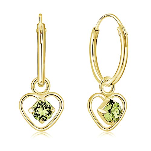 DTPsilver® KLEINE Creolen Ohrringe 925 Sterling Silber Gelb Vergoldet mit 3 mm Kristall - Herzform - Mädchen - Dicke 1.5 mm - Durchmesser 14 mm - Farbe : Peridot von DTPsilver