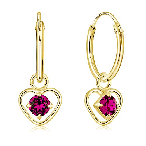 DTPsilver® KLEINE Creolen Ohrringe 925 Sterling Silber Gelb Vergoldet mit 3 mm Swarovski® Elements Kristall - Herzform - Mädchen - Dicke 1.2 mm - Durchmesser 12 mm - Farbe : Fuchsie von DTPsilver