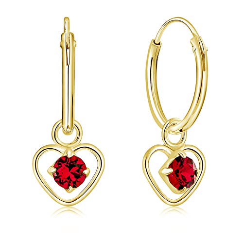 DTPsilver® KLEINE Creolen Ohrringe 925 Sterling Silber Gelb Vergoldet mit 3 mm Swarovski® Elements Kristall - Herzform - Mädchen - Dicke 1.5 mm - Durchmesser 14 mm - Farbe : Rubin von DTPsilver