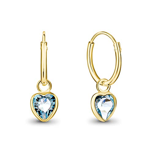 DTPsilver® KLEINE Creolen Ohrringe 925 Sterling Silber Gelb Vergoldet mit Swarovski® Elements Kristall Herz - Mädchen - Dicke 1.5 mm - Durchmesser 14 mm - Farbe : Aquamarin von DTPsilver
