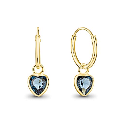 DTPsilver® KLEINE Creolen Ohrringe 925 Sterling Silber Gelb Vergoldet mit Swarovski® Elements Kristall Herz - Mädchen - Dicke 1.5 mm - Durchmesser 14 mm - Farbe : Blau Montana von DTPsilver