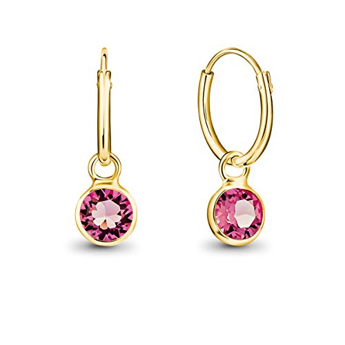 DTPsilver® KLEINE Creolen Ohrringe 925 Sterling Silber Gelb Vergoldet mit Swarovski® Elements Kristall Rund - Mädchen - Dicke 1.2 mm - Durchmesser 12 mm - Farbe : Rosa von DTPsilver