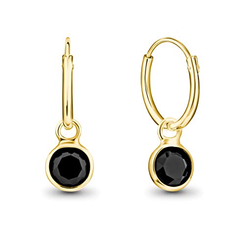 DTPsilver® KLEINE Creolen Ohrringe 925 Sterling Silber Gelb Vergoldet mit Swarovski® Elements Kristall Rund - Mädchen - Dicke 1.2 mm - Durchmesser 12 mm - Farbe : Schwarz von DTPsilver