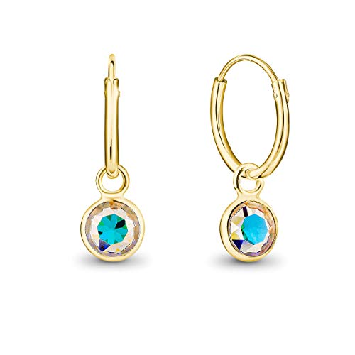 DTPsilver® KLEINE Creolen Ohrringe 925 Sterling Silber Gelb Vergoldet mit Swarovski® Elements Kristall Rund - Mädchen - Dicke 1.5 mm - Durchmesser 14 mm - Farbe : Aurore Boreale von DTPsilver