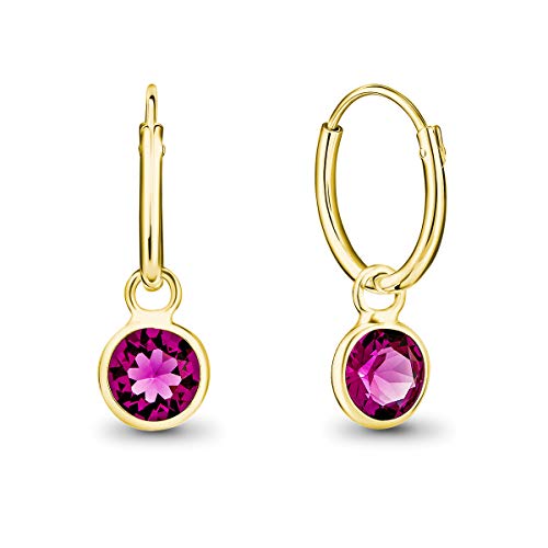 DTPsilver® KLEINE Creolen Ohrringe 925 Sterling Silber Gelb Vergoldet mit Swarovski® Elements Kristall Rund - Mädchen - Dicke 1.5 mm - Durchmesser 14 mm - Farbe : Fuchsie von DTPsilver