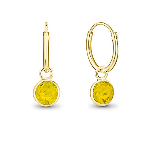 DTPsilver® KLEINE Creolen Ohrringe 925 Sterling Silber Gelb Vergoldet mit Swarovski® Elements Kristall Rund - Mädchen - Dicke 1.5 mm - Durchmesser 14 mm - Farbe : Gelber Opal von DTPsilver