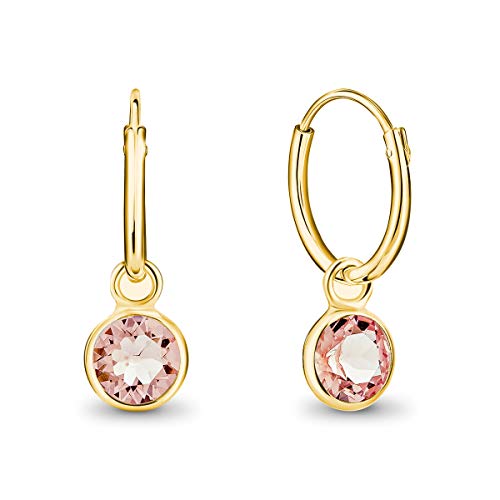 DTPsilver® KLEINE Creolen Ohrringe 925 Sterling Silber Gelb Vergoldet mit Swarovski® Elements Kristall Rund - Mädchen - Dicke 1.5 mm - Durchmesser 14 mm - Farbe : Licht stieg von DTPsilver