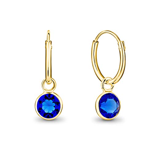 DTPsilver® KLEINE Creolen Ohrringe 925 Sterling Silber Gelb Vergoldet mit Swarovski® Elements Kristall Rund - Mädchen - Dicke 1.5 mm - Durchmesser 14 mm - Farbe : Majestätisches Blau von DTPsilver