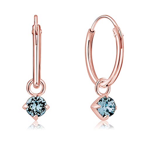 DTPsilver® KLEINE Creolen Ohrringe 925 Sterling Silber Rosen-Gold überzogen mit 3 mm Baumelnde Swarovski® Elements Kristall - Mädchen - Dicke 1.2 mm - Durchmesser 12 mm - Farbe : Aquamarin von DTPsilver