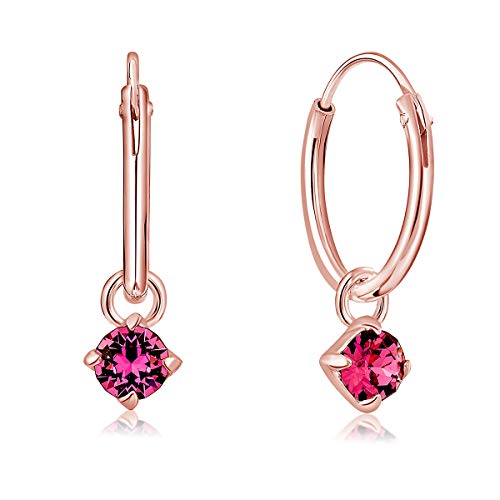 DTPsilver® KLEINE Creolen Ohrringe 925 Sterling Silber Rosen-Gold überzogen mit 3 mm Baumelnde Swarovski® Elements Kristall - Mädchen - Dicke 1.2 mm - Durchmesser 12 mm - Farbe : Rosa von DTPsilver