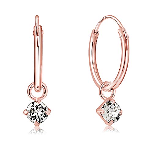 DTPsilver® KLEINE Creolen Ohrringe 925 Sterling Silber Rosen-Gold überzogen mit 3 mm Baumelnde Swarovski® Elements Kristall - Mädchen - Dicke 1.2 mm - Durchmesser 12 mm - Farbe : klare Kristalle von DTPsilver