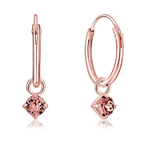 DTPsilver® KLEINE Creolen Ohrringe 925 Sterling Silber Rosen-Gold überzogen mit 3 mm Baumelnde Kristall - Mädchen - Dicke 1.5 mm - Durchmesser 14 mm - Farbe : Licht Stieg von DTPsilver
