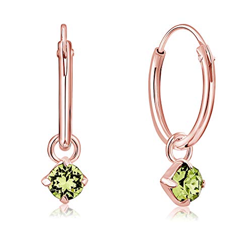 DTPsilver® KLEINE Creolen Ohrringe 925 Sterling Silber Rosen-Gold überzogen mit 3 mm Baumelnde Swarovski® Elements Kristall - Mädchen - Dicke 1.5 mm - Durchmesser 14 mm - Farbe : Peridot von DTPsilver