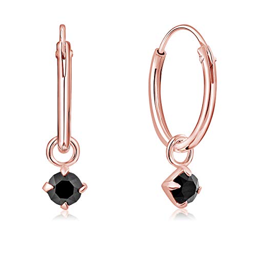 DTPsilver® KLEINE Creolen Ohrringe 925 Sterling Silber Rosen-Gold überzogen mit 3 mm Baumelnde Swarovski® Elements Kristall - Mädchen - Dicke 1.5 mm - Durchmesser 14 mm - Farbe : Schwarz von DTPsilver