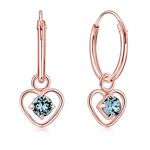 DTPsilver® KLEINE Creolen Ohrringe 925 Sterling Silber Rosen-Gold überzogen mit 3 mm Swarovski® Elements Kristall - Herzform - Mädchen - Dicke 1.2 mm - Durchmesser 12 mm - Farbe : Aquamarin von DTPsilver
