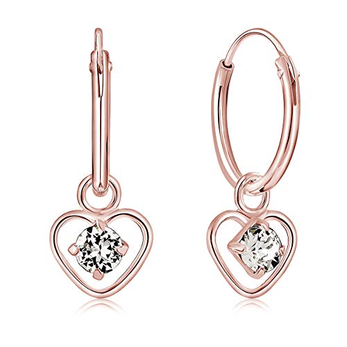 DTPsilver® KLEINE Creolen Ohrringe 925 Sterling Silber Rosen-Gold überzogen mit 3 mm Swarovski® Elements Kristall - Herzform - Mädchen - Dicke 1.2 mm - Durchmesser 12 mm - Farbe : klare Kristalle von DTPsilver