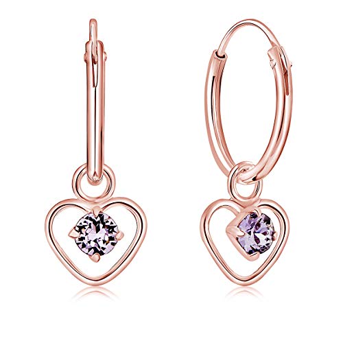 DTPsilver® KLEINE Creolen Ohrringe 925 Sterling Silber Rosen-Gold überzogen mit 3 mm Swarovski® Elements Kristall - Herzform - Mädchen - Dicke 1.5 mm - Durchmesser 14 mm - Farbe : Violett von DTPsilver