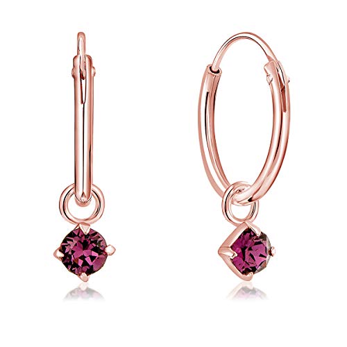 DTPsilver® KLEINE Creolen Ohrringe 925 Sterling Silber Rosen-Gold überzogen mit Baumelnde 3 mm Swarovski® Elements Kristall - Mädchen - Dicke 1.2 mm - Durchmesser 12 mm - Farbe : Amethyst von DTPsilver