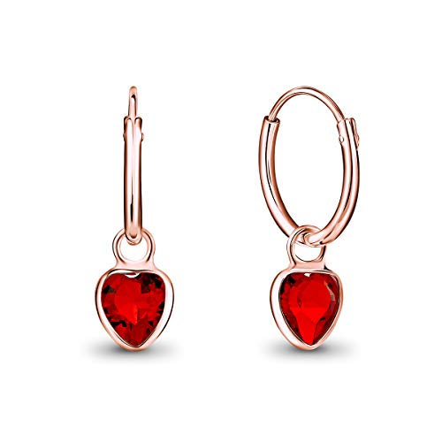 DTPsilver® KLEINE Creolen Ohrringe 925 Sterling Silber Rosen-Gold überzogen mit Swarovski® Elements Kristall Herz - Mädchen - Dicke 1.5 mm - Durchmesser 14 mm - Farbe : Light Siam Rot von DTPsilver