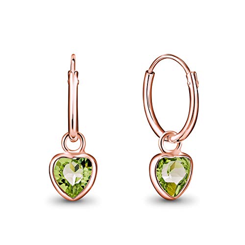 DTPsilver® KLEINE Creolen Ohrringe 925 Sterling Silber Rosen-Gold überzogen mit Kristall Herz - Mädchen - Dicke 1.5 mm - Durchmesser 14 mm - Farbe : Peridot von DTPsilver