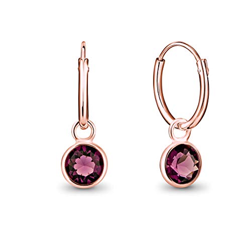 DTPsilver® KLEINE Creolen Ohrringe 925 Sterling Silber Rosen-Gold überzogen mit Swarovski® Elements Kristall Rund - Mädchen - Dicke 1.2 mm - Durchmesser 12 mm - Farbe : Amethyst von DTPsilver