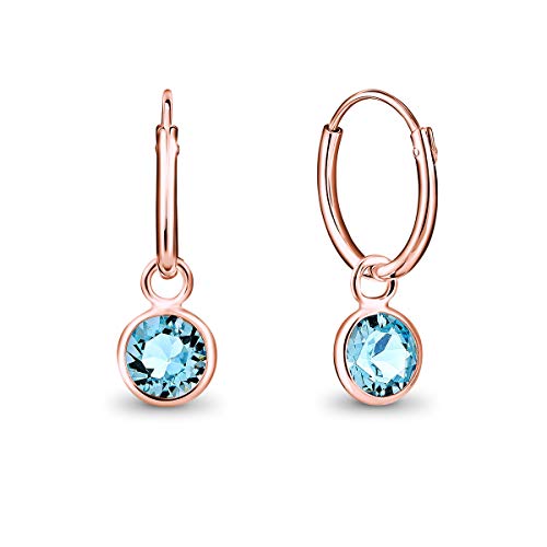 DTPsilver® KLEINE Creolen Ohrringe 925 Sterling Silber Rosen-Gold überzogen mit Swarovski® Elements Kristall Rund - Mädchen - Dicke 1.2 mm - Durchmesser 12 mm - Farbe : Aquamarin von DTPsilver