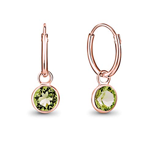 DTPsilver® KLEINE Creolen Ohrringe 925 Sterling Silber Rosen-Gold überzogen mit Swarovski® Elements Kristall Rund - Mädchen - Dicke 1.5 mm - Durchmesser 14 mm - Farbe : Peridot von DTPsilver