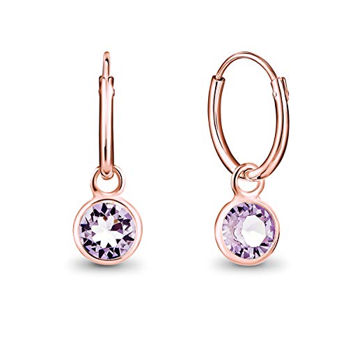 DTPsilver® KLEINE Creolen Ohrringe 925 Sterling Silber Rosen-Gold überzogen mit Swarovski® Elements Kristall Rund - Mädchen - Dicke 1.5 mm - Durchmesser 14 mm - Farbe : Violett von DTPsilver