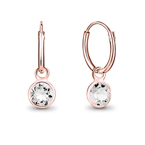 DTPsilver® KLEINE Creolen Ohrringe 925 Sterling Silber Rosen-Gold überzogen mit Swarovski® Elements Kristall Rund - Mädchen - Dicke 1.5 mm - Durchmesser 14 mm - Farbe : klare Kristalle von DTPsilver