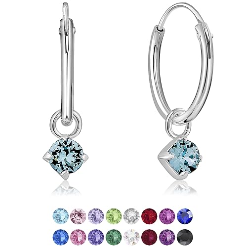 DTPsilver® KLEINE Creolen Ohrringe 925 Sterling Silber mit 3 mm Baumelnde Kristall - Mädchen - Dicke 1.2 mm - Durchmesser 12 mm - Farbe : Aquamarin von DTPsilver