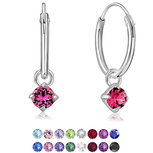 DTPsilver® KLEINE Creolen Ohrringe 925 Sterling Silber mit 3 mm Baumelnde Kristall - Mädchen - Dicke 1.2 mm - Durchmesser 12 mm - Farbe : Rosa von DTPsilver