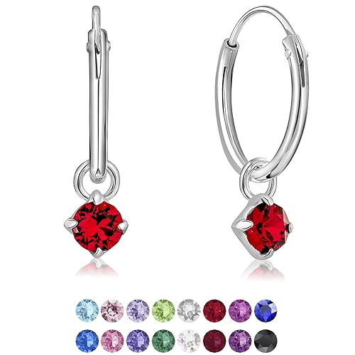 DTPsilver® KLEINE Creolen Ohrringe 925 Sterling Silber mit 3 mm Baumelnde Kristall - Mädchen - Dicke 1.2 mm - Durchmesser 12 mm - Farbe : Rubin von DTPsilver