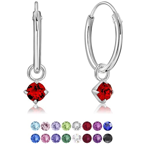DTPsilver® KLEINE Creolen Ohrringe 925 Sterling Silber mit 3 mm Baumelnde Kristall - Mädchen - Dicke 1.5 mm - Durchmesser 14 mm - Farbe : Light Siam Rot von DTPsilver