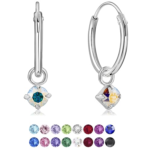 DTPsilver® KLEINE Creolen Ohrringe 925 Sterling Silber mit 3 mm Baumelnde Swarovski® Elements Kristall - Mädchen - Dicke 1.2 mm - Durchmesser 12 mm - Farbe : Aurore Boreale von DTPsilver