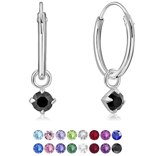 DTPsilver® KLEINE Creolen Ohrringe 925 Sterling Silber mit 3 mm Baumelnde Kristall - Mädchen - Dicke 1.2 mm - Durchmesser 12 mm - Farbe : Schwarz von DTPsilver