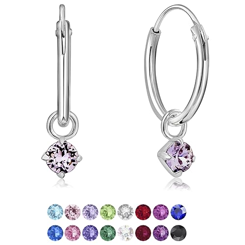 DTPsilver® KLEINE Creolen Ohrringe 925 Sterling Silber mit 3 mm Baumelnde Kristall - Mädchen - Dicke 1.2 mm - Durchmesser 12 mm - Farbe : Violett von DTPsilver