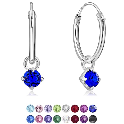 DTPsilver® KLEINE Creolen Ohrringe 925 Sterling Silber mit 3 mm Baumelnde Kristall - Mädchen - Dicke 1.5 mm - Durchmesser 14 mm - Farbe : Majestätisches Blau von DTPsilver