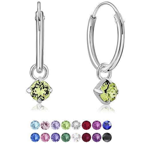 DTPsilver® KLEINE Creolen Ohrringe 925 Sterling Silber mit 3 mm Baumelnde Swarovski® Elements Kristall - Mädchen - Dicke 1.5 mm - Durchmesser 14 mm - Farbe : Peridot von DTPsilver