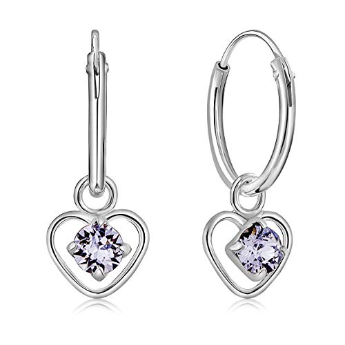DTPsilver® KLEINE Creolen Ohrringe 925 Sterling Silber mit 3 mm Kristall - Herzform - Mädchen - Dicke 1.5 mm - Durchmesser 14 mm - Farbe : Provence Lavendel von DTPsilver