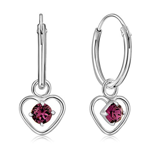 DTPsilver® KLEINE Creolen Ohrringe 925 Sterling Silber mit 3 mm Swarovski® Elements Kristall - Herzform - Mädchen - Dicke 1.2 mm - Durchmesser 12 mm - Farbe : Amethyst von DTPsilver
