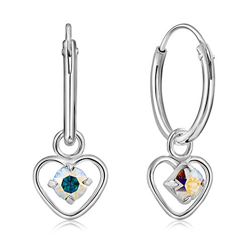DTPsilver® KLEINE Creolen Ohrringe 925 Sterling Silber mit 3 mm Kristall - Herzform - Mädchen - Dicke 1.2 mm - Durchmesser 12 mm - Farbe : Aurore Boreale von DTPsilver