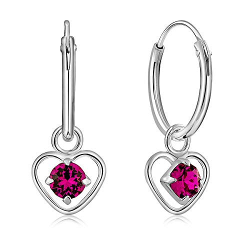 DTPsilver® KLEINE Creolen Ohrringe 925 Sterling Silber mit 3 mm Swarovski® Elements Kristall - Herzform - Mädchen - Dicke 1.2 mm - Durchmesser 12 mm - Farbe : Fuchsie von DTPsilver