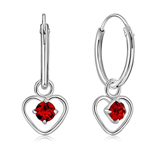 DTPsilver® KLEINE Creolen Ohrringe 925 Sterling Silber mit 3 mm Swarovski® Elements Kristall - Herzform - Mädchen - Dicke 1.2 mm - Durchmesser 12 mm - Farbe : Light Siam Rot von DTPsilver