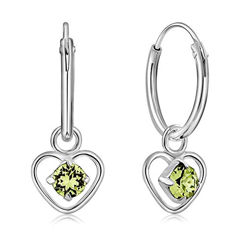DTPsilver® KLEINE Creolen Ohrringe 925 Sterling Silber mit 3 mm Kristall - Herzform - Mädchen - Dicke 1.2 mm - Durchmesser 12 mm - Farbe : Peridot von DTPsilver